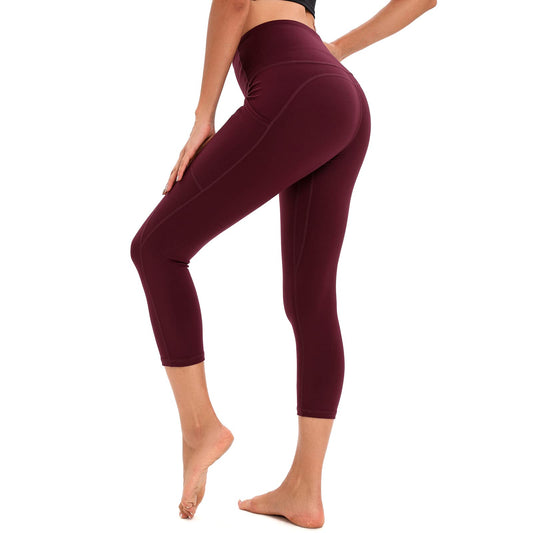 RONLIMO Capris Leggings with Pockets High Waisted Women Yoga Workout Leggings Yoga Pants Capri Pants-Wine Red