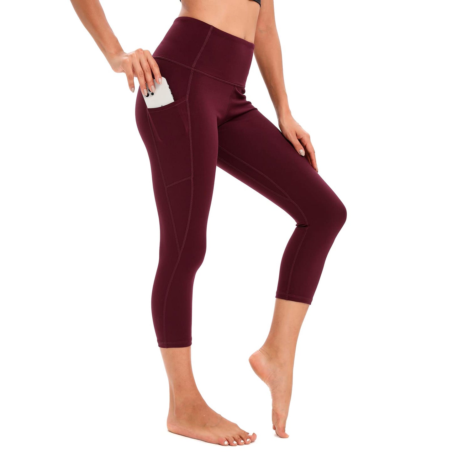 RONLIMO Capris Leggings with Pockets High Waisted Women Yoga Workout Leggings Yoga Pants Capri Pants-Wine Red