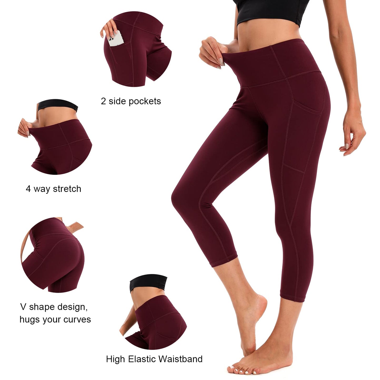 RONLIMO Capris Leggings with Pockets High Waisted Women Yoga Workout Leggings Yoga Pants Capri Pants-Wine Red