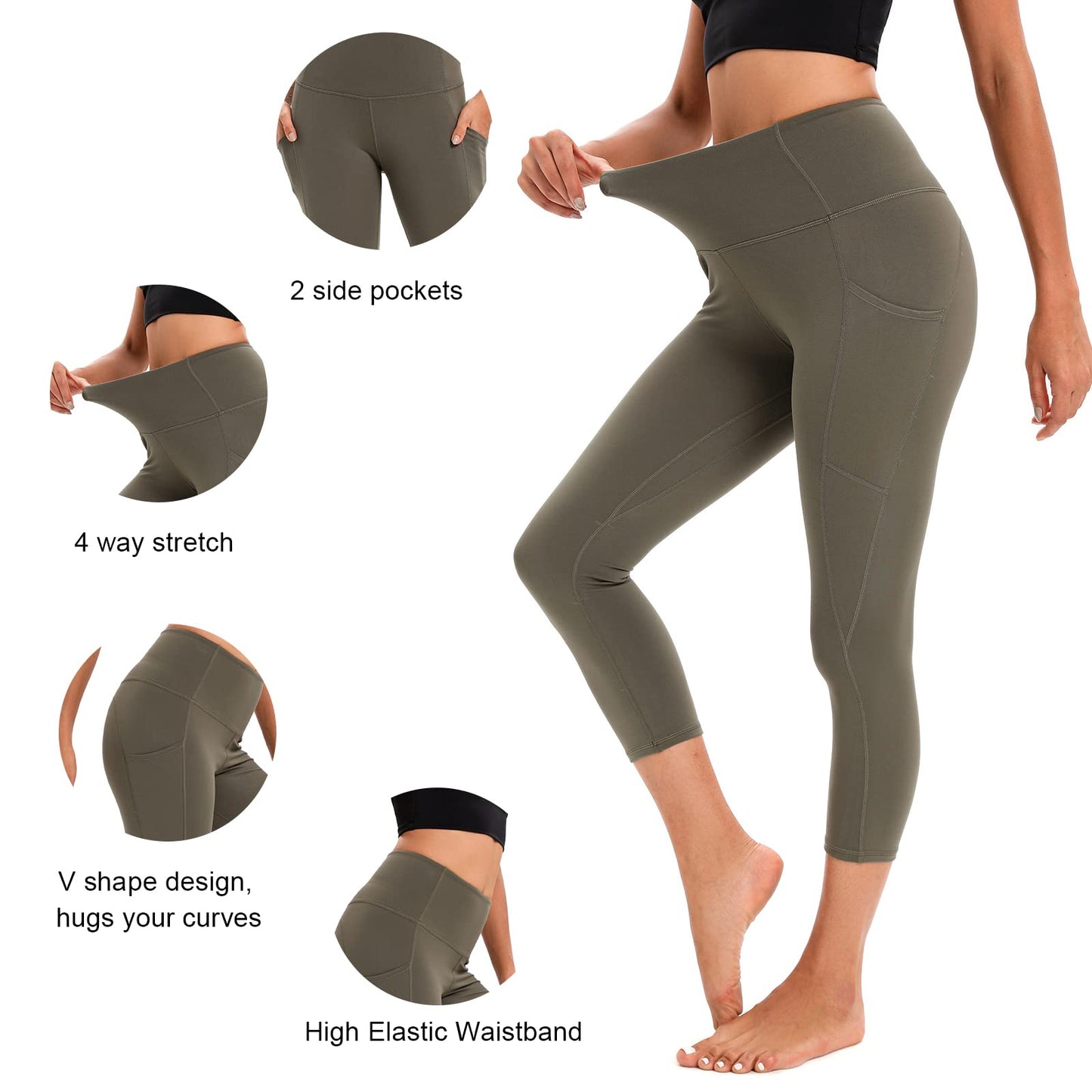 RONLIMO Capris Leggings with Pockets High Waisted Women Yoga Workout Leggings Yoga Pants Capri Pants-Green