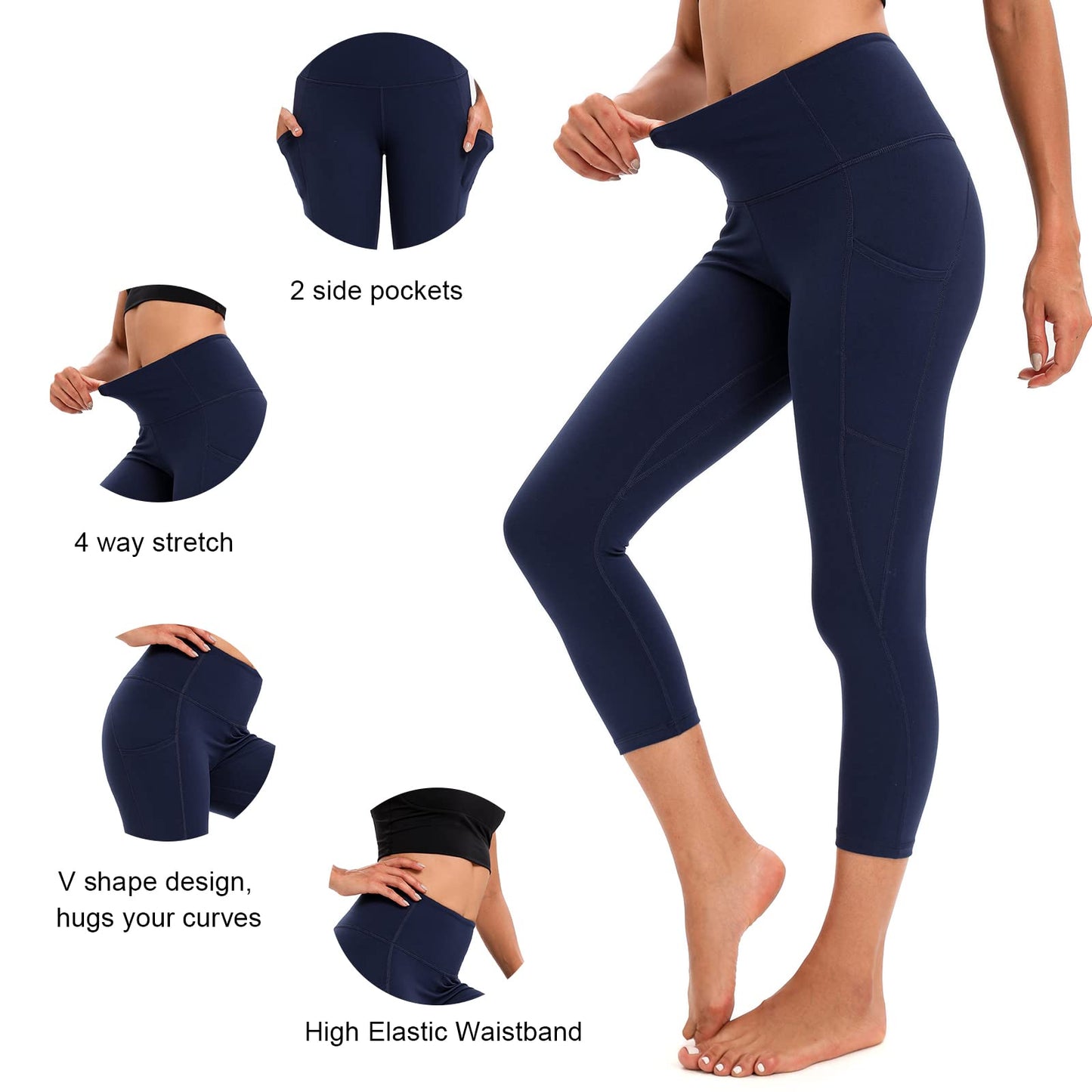 RONLIMO Capris Leggings with Pockets High Waisted Women Yoga Workout Leggings Yoga Pants Capri Pants-Navy Blue