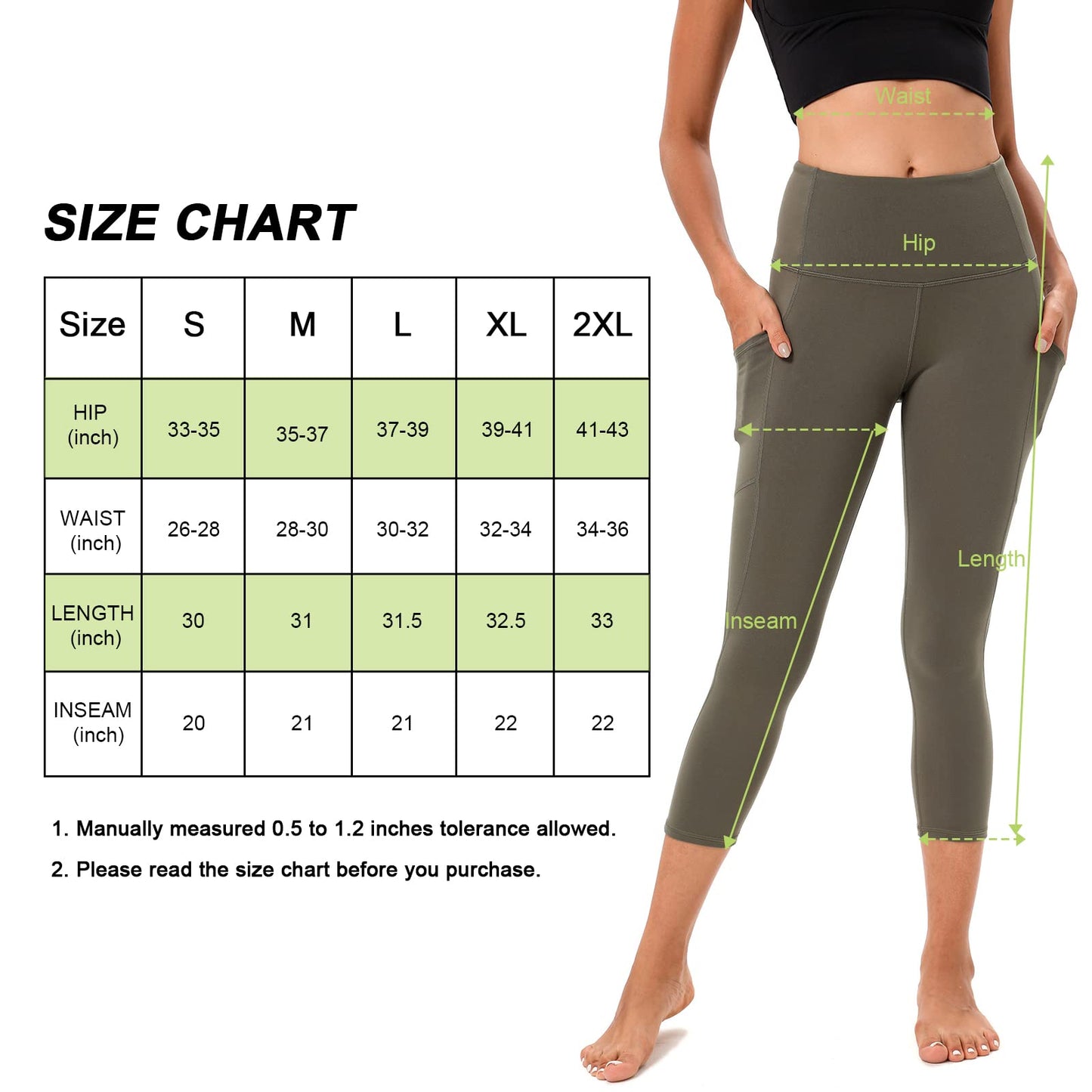 RONLIMO Capris Leggings with Pockets High Waisted Women Yoga Workout Leggings Yoga Pants Capri Pants-Green