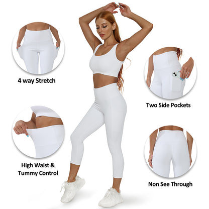 RONLIMO Capris Leggings with Pockets High Waisted Women Yoga Workout Leggings Yoga Pants Capri Pants-White