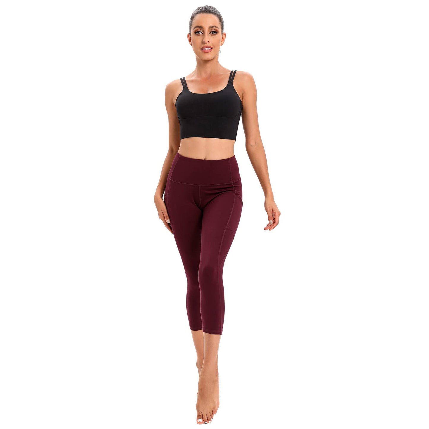 RONLIMO Capris Leggings with Pockets High Waisted Women Yoga Workout Leggings Yoga Pants Capri Pants-Wine Red