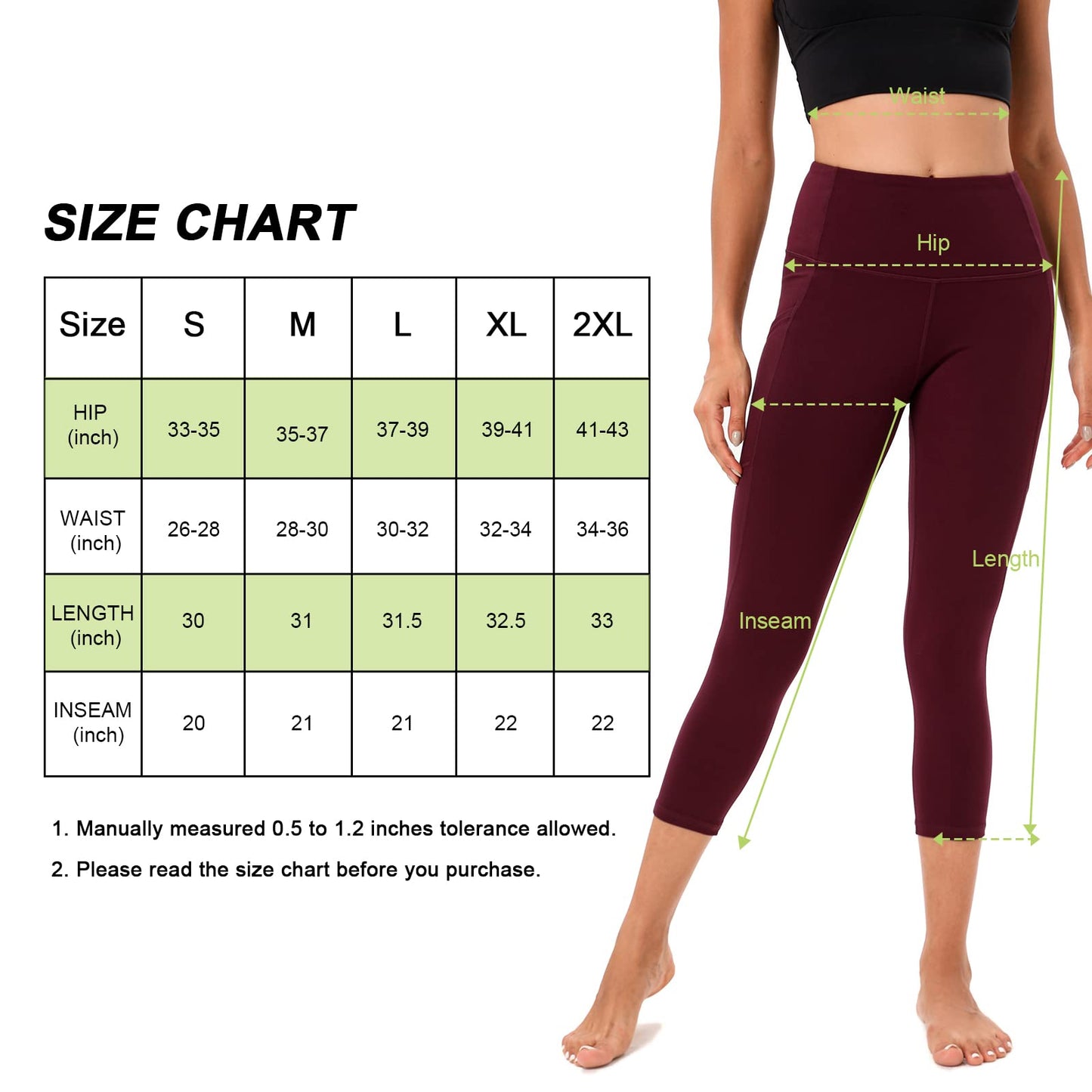 RONLIMO Capris Leggings with Pockets High Waisted Women Yoga Workout Leggings Yoga Pants Capri Pants-Wine Red