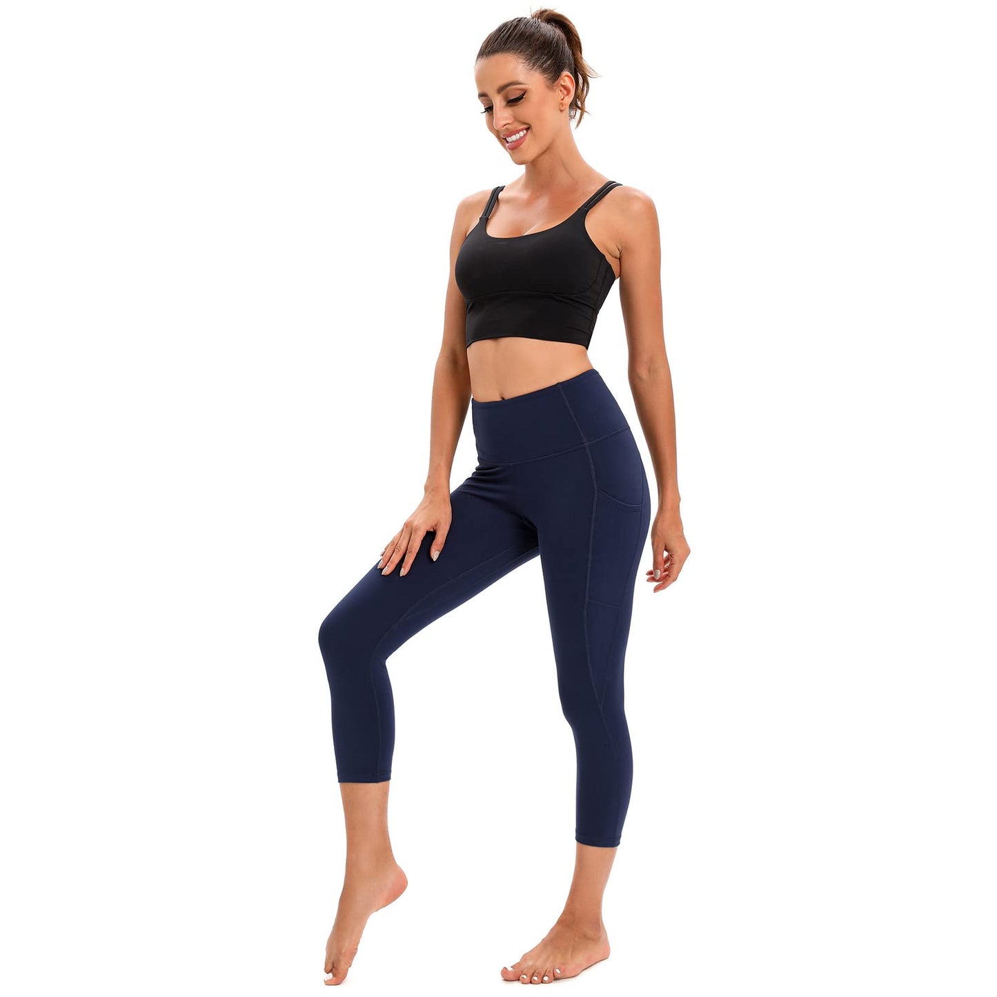 RONLIMO Capris Leggings with Pockets High Waisted Women Yoga Workout Leggings Yoga Pants Capri Pants-Navy Blue