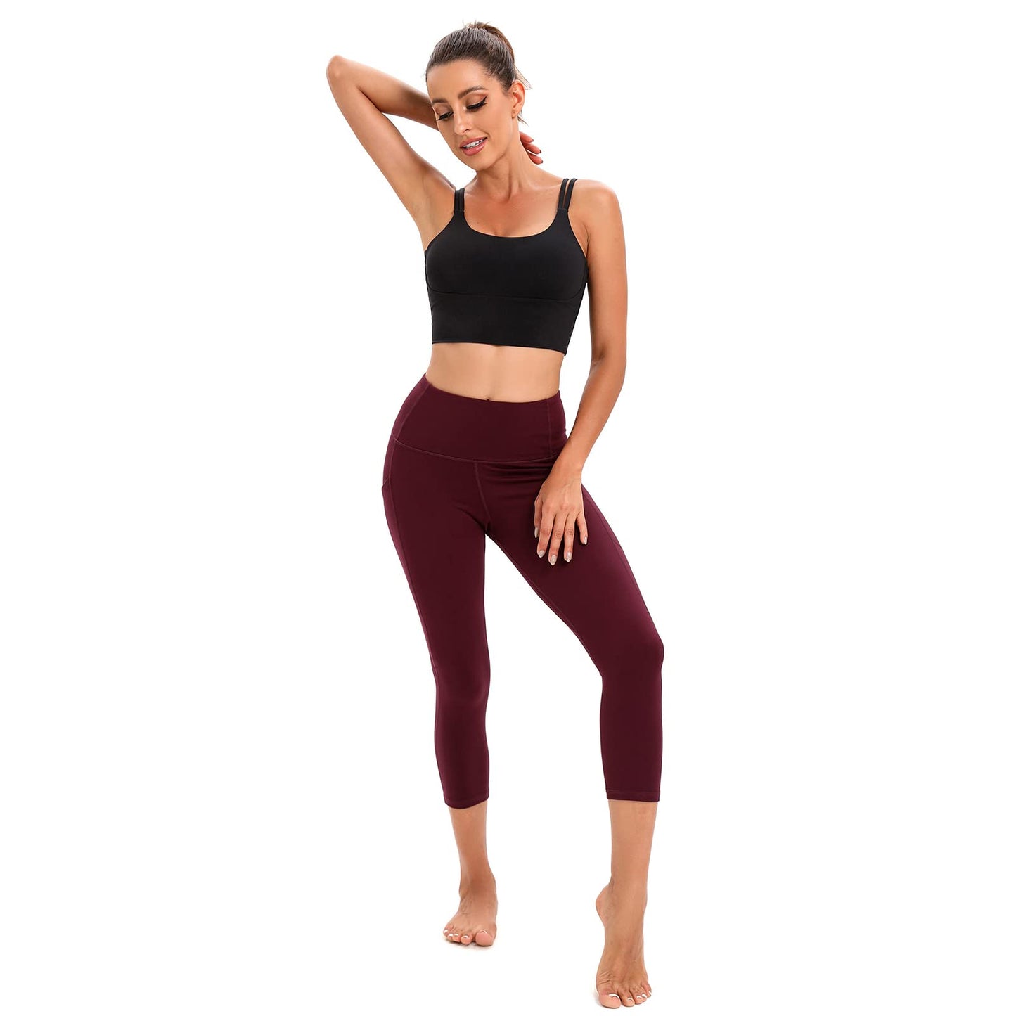 RONLIMO Capris Leggings with Pockets High Waisted Women Yoga Workout Leggings Yoga Pants Capri Pants-Wine Red