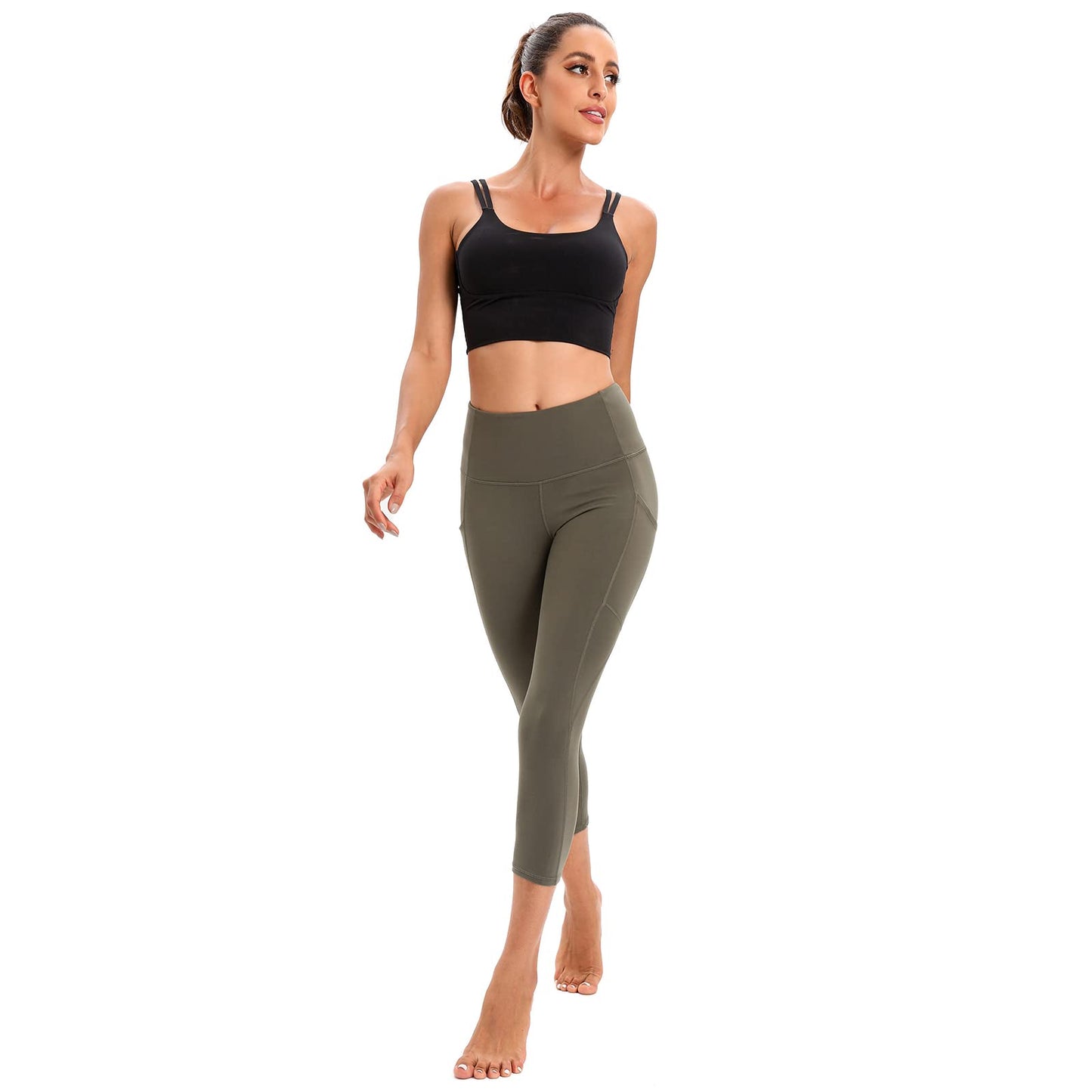 RONLIMO Capris Leggings with Pockets High Waisted Women Yoga Workout Leggings Yoga Pants Capri Pants-Green