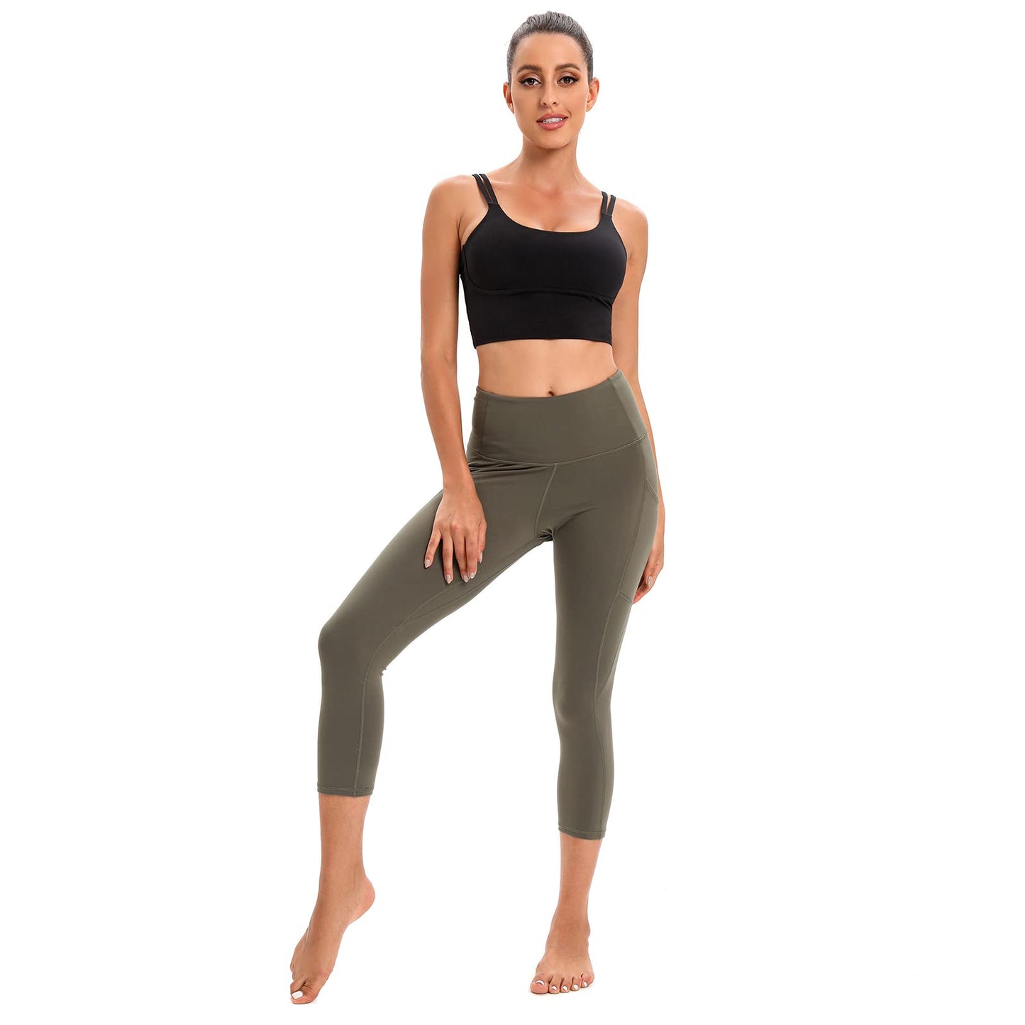 RONLIMO Capris Leggings with Pockets High Waisted Women Yoga Workout Leggings Yoga Pants Capri Pants-Green