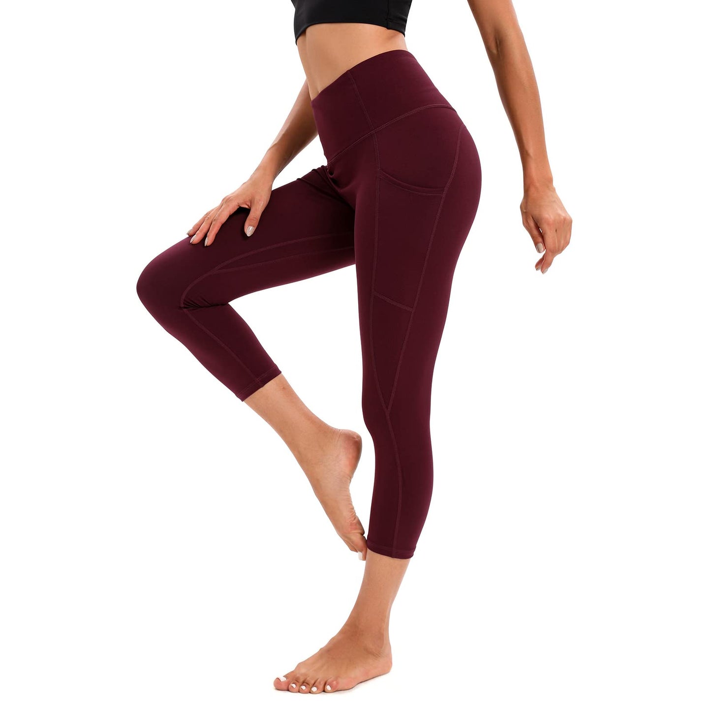 RONLIMO Capris Leggings with Pockets High Waisted Women Yoga Workout Leggings Yoga Pants Capri Pants-Wine Red