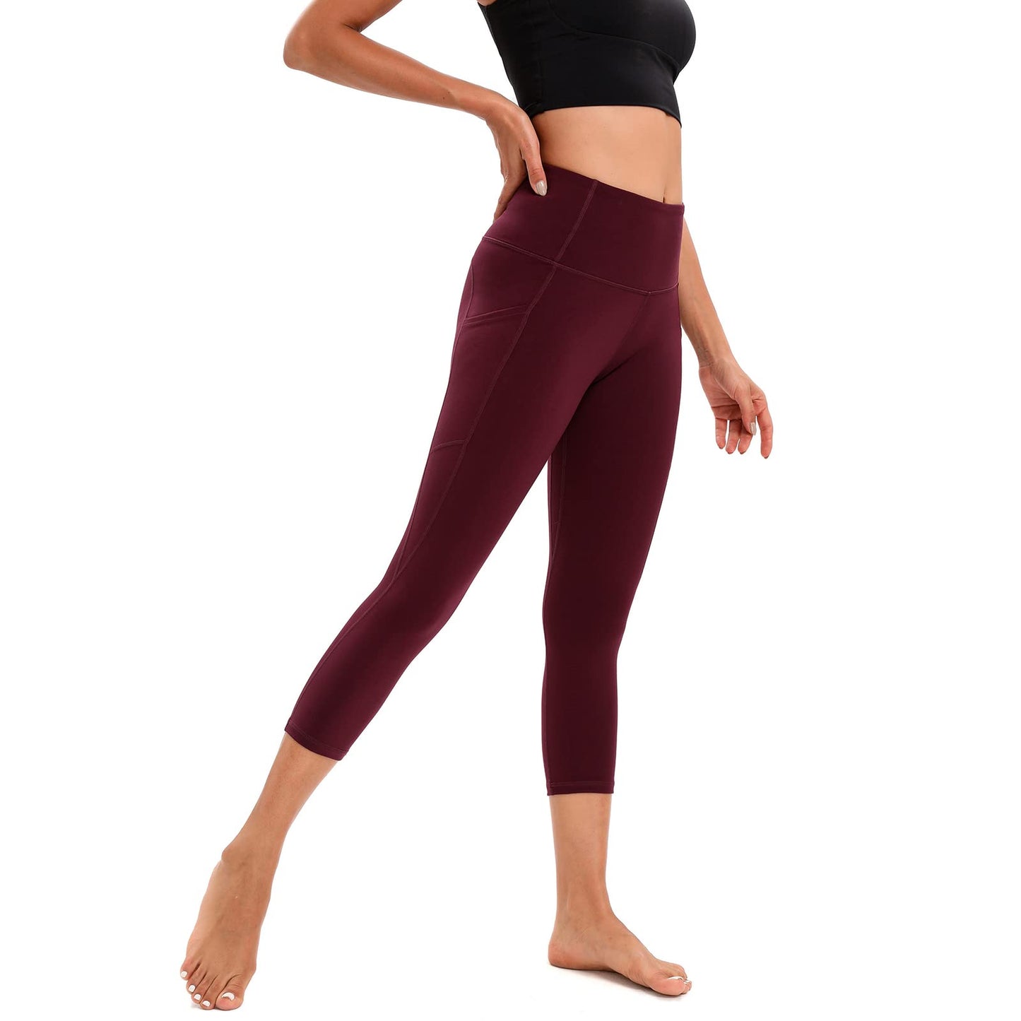 RONLIMO Capris Leggings with Pockets High Waisted Women Yoga Workout Leggings Yoga Pants Capri Pants-Wine Red